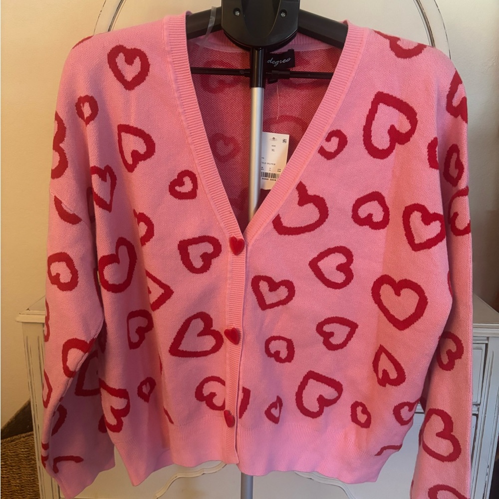 NWT Pink Cardigan with Red Heart Pattern and velvet buttons.
